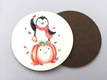 Load image into Gallery viewer, Penguin and pumpkin coaster, penguin, autumn, cute Halloween table mat
