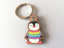 Load image into Gallery viewer, Rainbow penguin keyring, penguin rainbow jumper wooden key fob, ethically sourced wood, small penguin key chain, bag charm