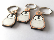 Load image into Gallery viewer, Penguin keyring, penguin grey chick wooden key fob, penguin key chain, wood bag charm, responsibly resourced wood