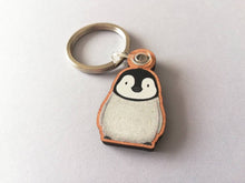 Load image into Gallery viewer, Penguin keyring, penguin grey chick wooden key fob, penguin key chain, wood bag charm, responsibly resourced wood