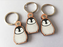 Load image into Gallery viewer, Penguin keyring, penguin grey chick wooden key fob, penguin key chain, wood bag charm, responsibly resourced wood