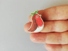 Load image into Gallery viewer, Robin pin, eco friendly wooden holly Christmas brooch, Responsibly resourced wood, eco friendly. Robin badge