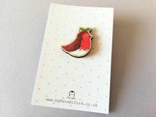 Load image into Gallery viewer, Robin pin, eco friendly wooden holly Christmas brooch, Responsibly resourced wood, eco friendly. Robin badge