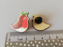 Load image into Gallery viewer, Robin pin, eco friendly wooden holly Christmas brooch, Responsibly resourced wood, eco friendly. Robin badge
