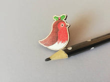 Load image into Gallery viewer, Robin pin, eco friendly wooden holly Christmas brooch, Responsibly resourced wood, eco friendly. Robin badge