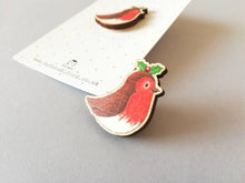 Load image into Gallery viewer, Robin pin, eco friendly wooden holly Christmas brooch, Responsibly resourced wood, eco friendly. Robin badge