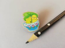Load image into Gallery viewer, Frog and chick pin, eco friendly wooden teacup brooch, Responsibly resourced wood, eco friendly. Cute badge