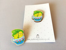 Load image into Gallery viewer, Frog and chick pin, eco friendly wooden teacup brooch, Responsibly resourced wood, eco friendly. Cute badge