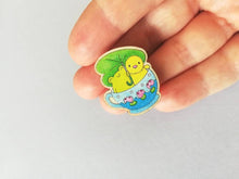 Load image into Gallery viewer, Frog and chick pin, eco friendly wooden teacup brooch, Responsibly resourced wood, eco friendly. Cute badge