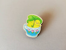 Load image into Gallery viewer, Frog and chick pin, eco friendly wooden teacup brooch, Responsibly resourced wood, eco friendly. Cute badge