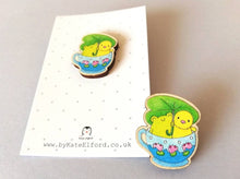 Load image into Gallery viewer, Frog and chick pin, eco friendly wooden teacup brooch, Responsibly resourced wood, eco friendly. Cute badge
