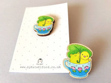 Load image into Gallery viewer, Frog and chick pin, eco friendly wooden teacup brooch, Responsibly resourced wood, eco friendly. Cute badge