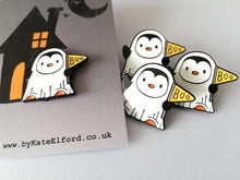 Load image into Gallery viewer, Penguin ghost enamel pin, Halloween spooky brooch, penguin boo badge, enamel pins