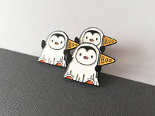 Load image into Gallery viewer, Penguin ghost enamel pin, Halloween spooky brooch, penguin boo badge, enamel pins