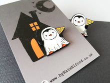 Load image into Gallery viewer, Penguin ghost enamel pin, Halloween spooky brooch, penguin boo badge, enamel pins
