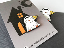 Load image into Gallery viewer, Penguin ghost enamel pin, Halloween spooky brooch, penguin boo badge, enamel pins