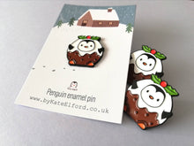 Load image into Gallery viewer, Seconds - Pudding penguin enamel pin, Christmas pudding brooch, enamel pins