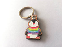 Load image into Gallery viewer, Rainbow penguin keyring, penguin rainbow jumper wooden key fob, ethically sourced wood, small penguin key chain, bag charm