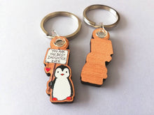 Load image into Gallery viewer, Best daughter ever keyring. Gift for daughter, penguin. Small wooden key fob, penguin key chain, wood bag charm, responsibly resourced wood