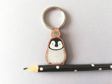 Load image into Gallery viewer, Penguin keyring, penguin grey chick wooden key fob, penguin key chain, wood bag charm, responsibly resourced wood