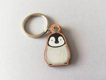 Load image into Gallery viewer, Penguin keyring, penguin grey chick wooden key fob, penguin key chain, wood bag charm, responsibly resourced wood