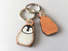 Load image into Gallery viewer, Penguin keyring, penguin grey chick wooden key fob, penguin key chain, wood bag charm, responsibly resourced wood