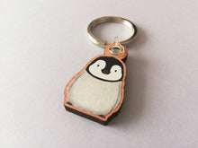 Load image into Gallery viewer, Penguin keyring, penguin grey chick wooden key fob, penguin key chain, wood bag charm, responsibly resourced wood