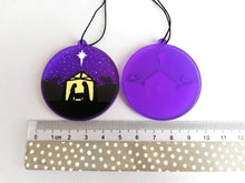 Load image into Gallery viewer, Nativity Christmas tree decoration. Frosted purple acrylic, Stable, tree Christmas ornament
