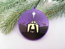 Load image into Gallery viewer, Nativity Christmas tree decoration. Frosted purple acrylic, Stable, tree Christmas ornament