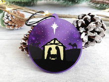 Load image into Gallery viewer, Nativity Christmas tree decoration. Frosted purple acrylic, Stable, tree Christmas ornament