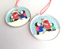 Load image into Gallery viewer, Penguins and postbox Christmas decoration. Recycled acrylic, cute Christmas tree ornament, eco friendly