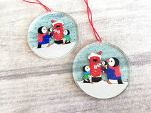 Load image into Gallery viewer, Penguins and postbox Christmas decoration. Recycled acrylic, cute Christmas tree ornament, eco friendly