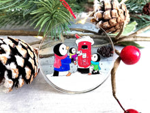 Load image into Gallery viewer, Penguins and postbox Christmas decoration. Recycled acrylic, cute Christmas tree ornament, eco friendly