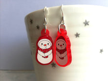 Load image into Gallery viewer, Snowman Christmas earrings, Red frosted acrylic, cute, sterling silver hooks, red Christmas snowman