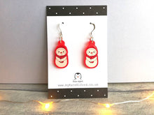 Load image into Gallery viewer, Snowman Christmas earrings, Red frosted acrylic, cute, sterling silver hooks, red Christmas snowman