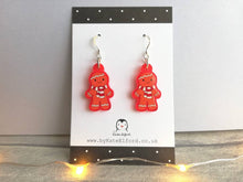 Load image into Gallery viewer, Gingerbread Christmas earrings, Red frosted acrylic, cute, sterling silver hooks, red Christmas gingerbread men
