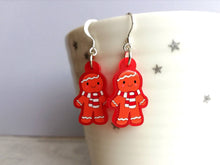Load image into Gallery viewer, Gingerbread Christmas earrings, Red frosted acrylic, cute, sterling silver hooks, red Christmas gingerbread men