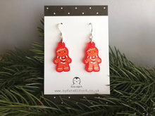 Load image into Gallery viewer, Gingerbread Christmas earrings, Red frosted acrylic, cute, sterling silver hooks, red Christmas gingerbread men