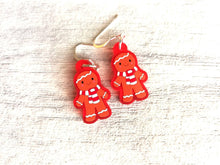 Load image into Gallery viewer, Gingerbread Christmas earrings, Red frosted acrylic, cute, sterling silver hooks, red Christmas gingerbread men