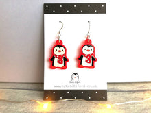 Load image into Gallery viewer, Penguin Christmas earrings, Red frosted acrylic, cute, sterling silver hooks, red Christmas penguins