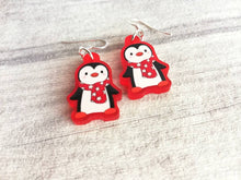 Load image into Gallery viewer, Penguin Christmas earrings, Red frosted acrylic, cute, sterling silver hooks, red Christmas penguins