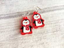 Load image into Gallery viewer, Penguin Christmas earrings, Red frosted acrylic, cute, sterling silver hooks, red Christmas penguins