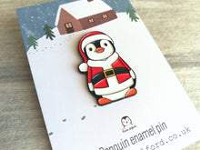 Load image into Gallery viewer, Christmas penguin enamel pin, Father Christmas, Boo the penguin, Christmas brooch
