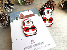 Load image into Gallery viewer, Christmas penguin enamel pin, Father Christmas, Boo the penguin, Christmas brooch
