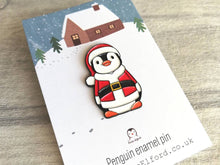 Load image into Gallery viewer, Christmas penguin enamel pin, Father Christmas, Boo the penguin, Christmas brooch
