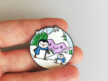 Load image into Gallery viewer, Penguin enamel pin, snow and mountains, Christmas brooch, penguin winter brooch, enamel pins