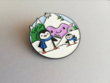 Load image into Gallery viewer, Penguin enamel pin, snow and mountains, Christmas brooch, penguin winter brooch, enamel pins