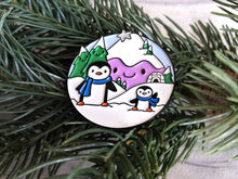 Load image into Gallery viewer, Penguin enamel pin, snow and mountains, Christmas brooch, penguin winter brooch, enamel pins