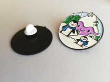 Load image into Gallery viewer, Penguin enamel pin, snow and mountains, Christmas brooch, penguin winter brooch, enamel pins