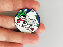 Load image into Gallery viewer, Penguin enamel brooch, snow and happy mountains, Christmas pin, penguin winter gift, enamel pins